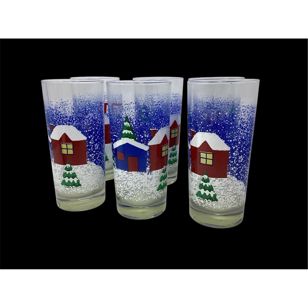 Vtg 1996 Libbey Splatter Blue Paint Winter Scene 12 oz tumblers. Set of 6 NEW